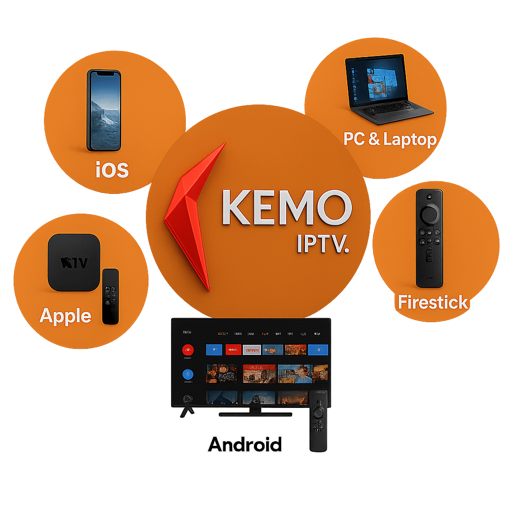 KEMO IPTV logo with devices and platforms on a green background