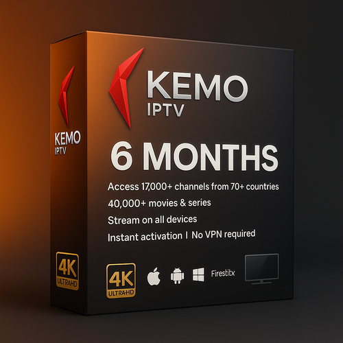 High-resolution 3D digital mockup of Kemo IPTV’s 6-month subscription service box with a modern black and orange gradient background. The packaging displays the official red Kemo IPTV logo, 