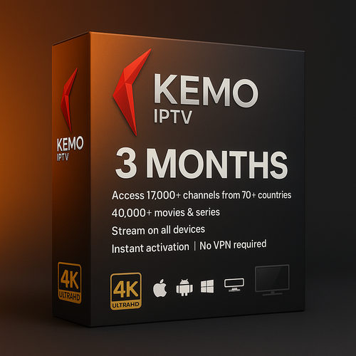 Detailed 3D-rendered product image of Kemo IPTV’s 3-month subscription, emphasizing a premium entertainment service. The box sits against a dramatic gradient background transitioning from dark gray to warm orange, symbolizing excitement and technology. Key features listed include 17,000+ channels, 40,000+ movies and series, compatibility with all major platforms (Apple, Android, Windows, Firestick, Smart TVs), and no VPN requirement. The bold red Kemo logo and a clean “3 MONTHS” label stand out, along with 