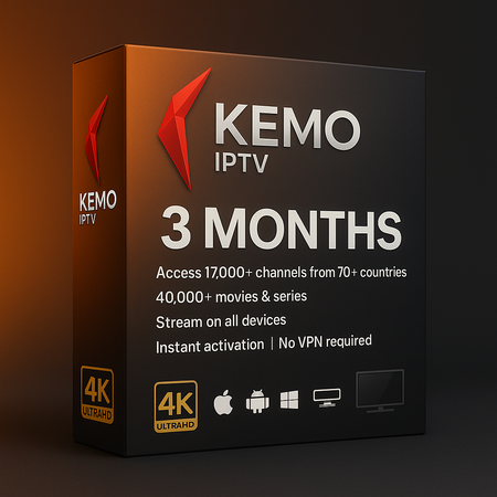 Detailed 3D-rendered product image of Kemo IPTV’s 3-month subscription, emphasizing a premium entertainment service. The box sits against a dramatic gradient background transitioning from dark gray to warm orange, symbolizing excitement and technology. Key features listed include 17,000+ channels, 40,000+ movies and series, compatibility with all major platforms (Apple, Android, Windows, Firestick, Smart TVs), and no VPN requirement. The bold red Kemo logo and a clean “3 MONTHS” label stand out, along with 
