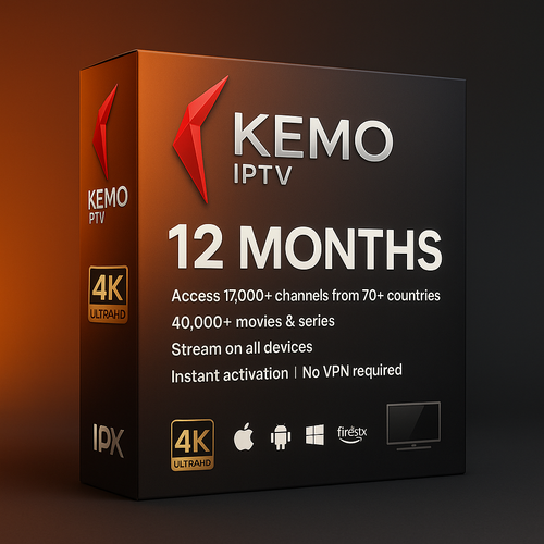 3D-rendered horizontal product box for Kemo IPTV 12-month subscription featuring a bold red angular logo and sleek silver typography. The packaging showcases premium IPTV service benefits including access to over 17,000 global live channels, 40,000+ movies and TV series, instant activation without a VPN, and support for Apple, Android, Windows, Firestick, and Smart TVs. A prominent 